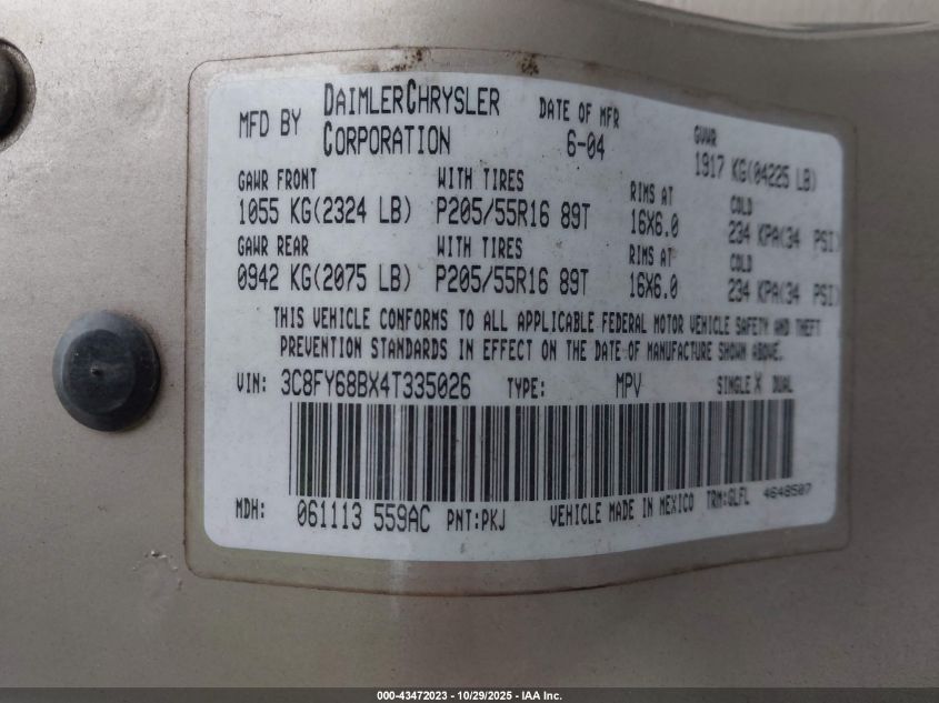 2004 Chrysler Pt Cruiser Limited VIN: 3C8FY68BX4T335026 Lot: 43472023