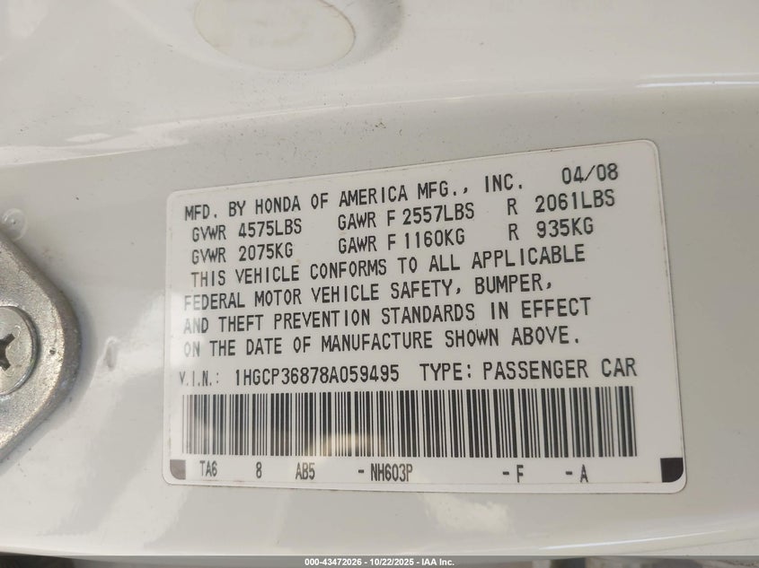 1HGCP36878A059495 2008 HONDA ACCORD photo no. 9