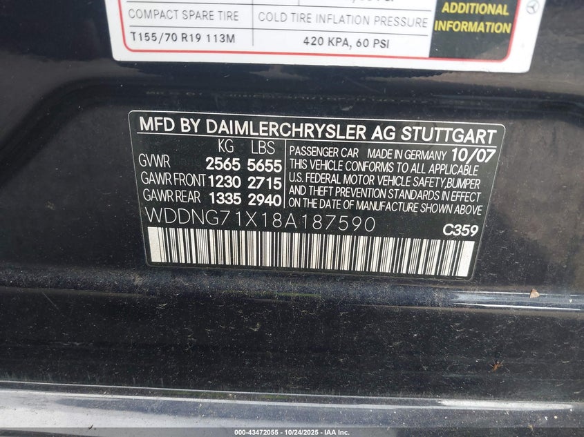 2008 Mercedes-Benz S 550 VIN: WDDNG71X18A187590 Lot: 43472055