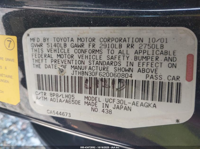 2002 Lexus Ls 430 VIN: JTHBN30F620060804 Lot: 43472092