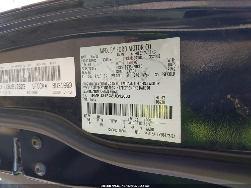 2008 Ford Explorer Sport Trac Xlt VIN: 1FMEU31EX8UB12603 Lot: 43472144