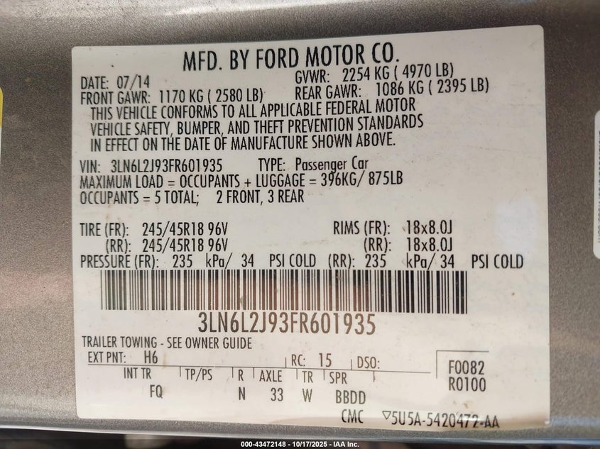 2015 LINCOLN MKZ 3LN6L2J93FR601935