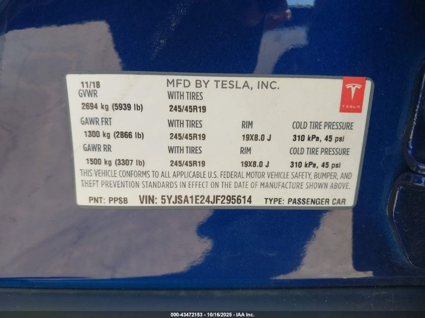 2018 Tesla Model S 100D/75D/P100D VIN: 5YJSA1E24JF295614 Lot: 43472153