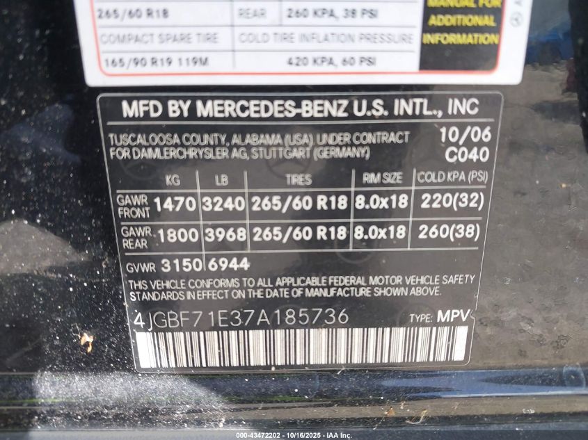 2007 Mercedes-Benz Gl 450 4Matic VIN: 4JGBF71E37A185736 Lot: 43472202