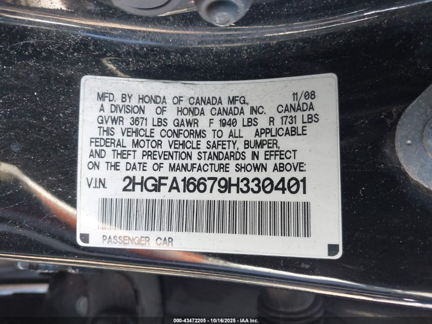 2009 Honda Civic Lx-S VIN: 2HGFA16679H330401 Lot: 43472205