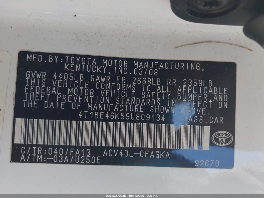 4T1BE46K59U809134 2009 TOYOTA CAMRY photo no. 9