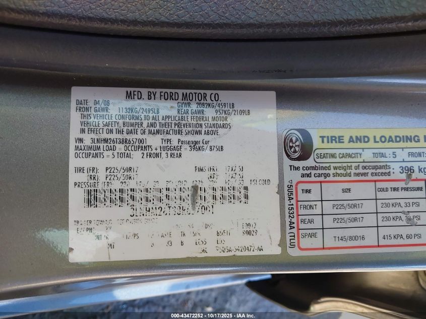 2008 Lincoln Mkz VIN: 3LNHM26T38R657001 Lot: 43472252