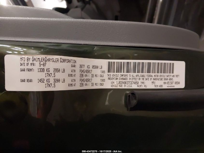 2007 Jeep Grand Cherokee Laredo VIN: 1J8GR48K37C674050 Lot: 43472270