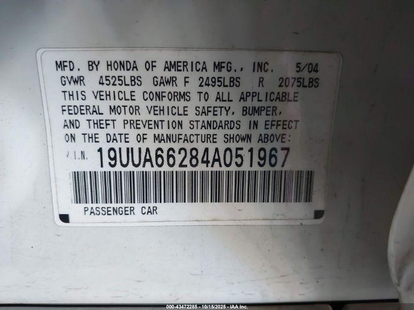 2004 Acura Tl VIN: 19UUA66284A051967 Lot: 43472285