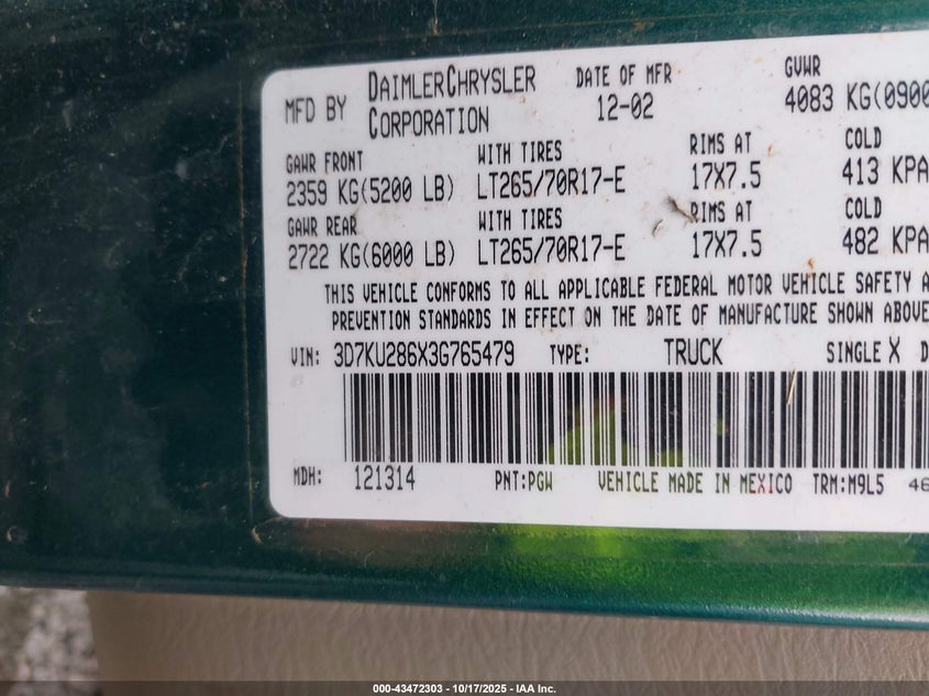 2003 Dodge Ram 2500 Slt/Laramie/St VIN: 3D7KU286X3G765479 Lot: 43472303