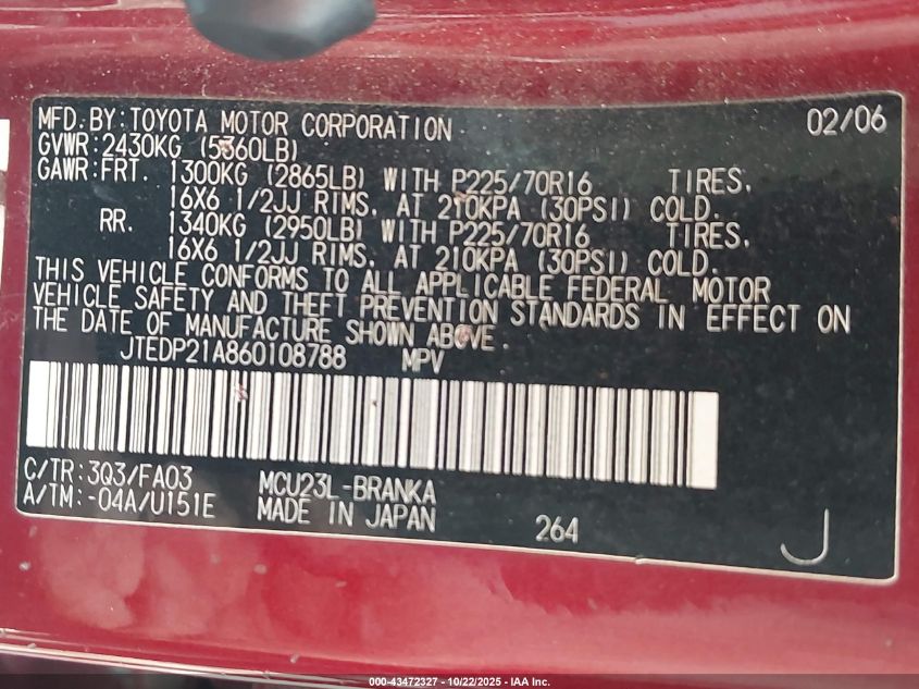 2006 Toyota Highlander V6 VIN: JTEDP21A860108788 Lot: 43472327