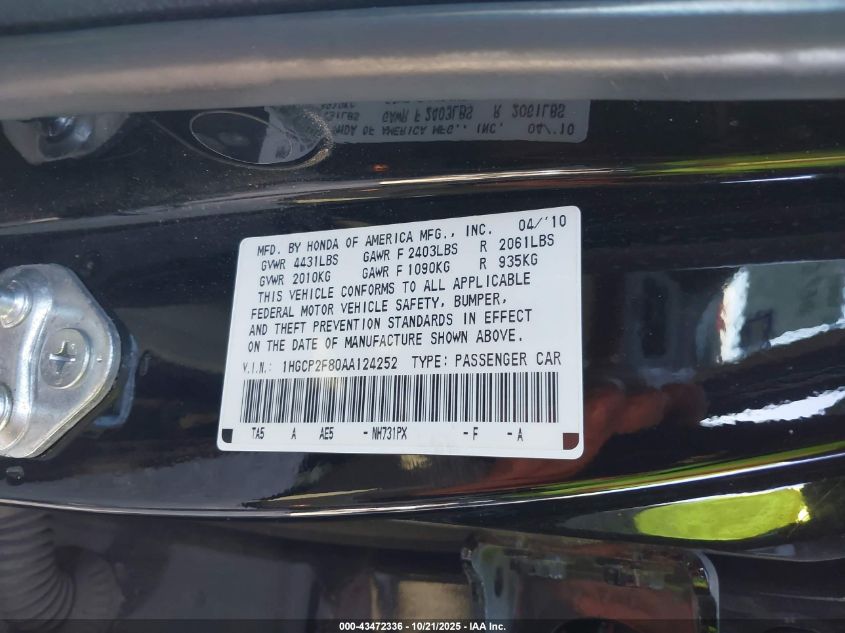 2010 Honda Accord 2.4 Ex-L VIN: 1HGCP2F80AA124252 Lot: 43472336