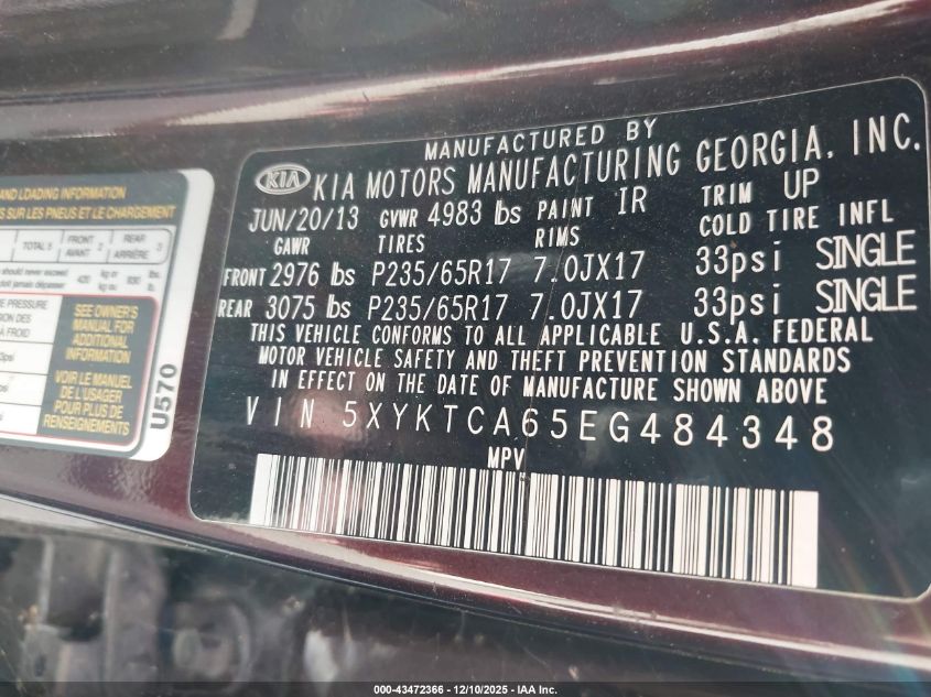 2014 Kia Sorento Lx VIN: 5XYKTCA65EG484348 Lot: 43472366