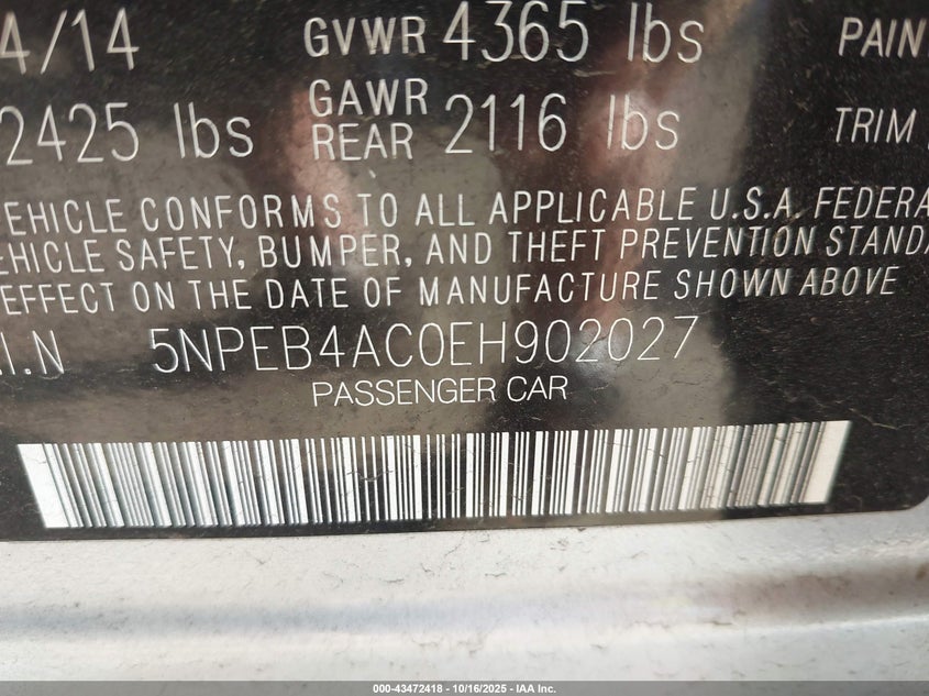 2014 HYUNDAI SONATA GLS 5NPEB4AC0EH902027