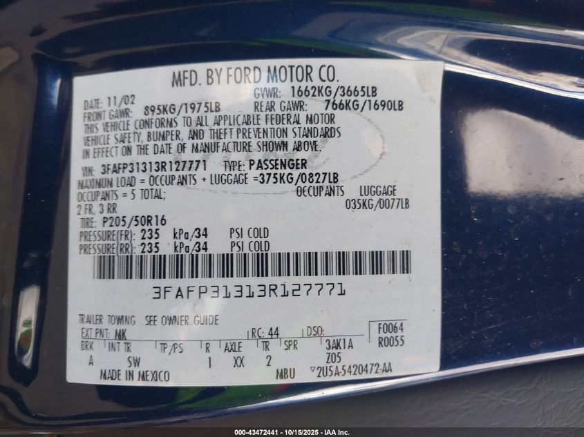 2003 Ford Focus Zx3 VIN: 3FAFP31313R127771 Lot: 43472441