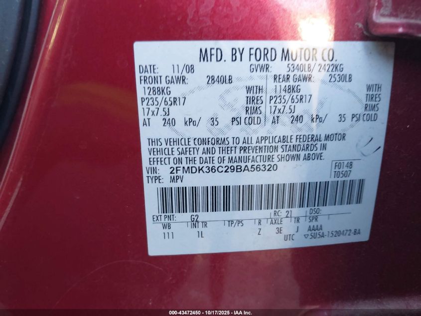 2009 Ford Edge Se VIN: 2FMDK36C29BA56320 Lot: 43472450