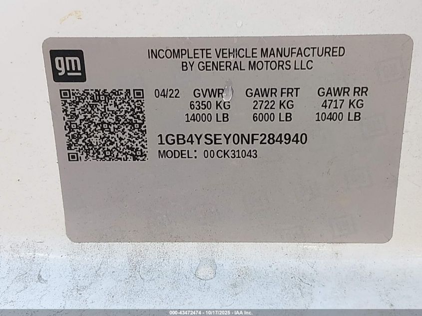 2022 Chevrolet Silverado 3500Hd Chassis Work Truck VIN: 1GB4YSEY0NF284940 Lot: 43472474