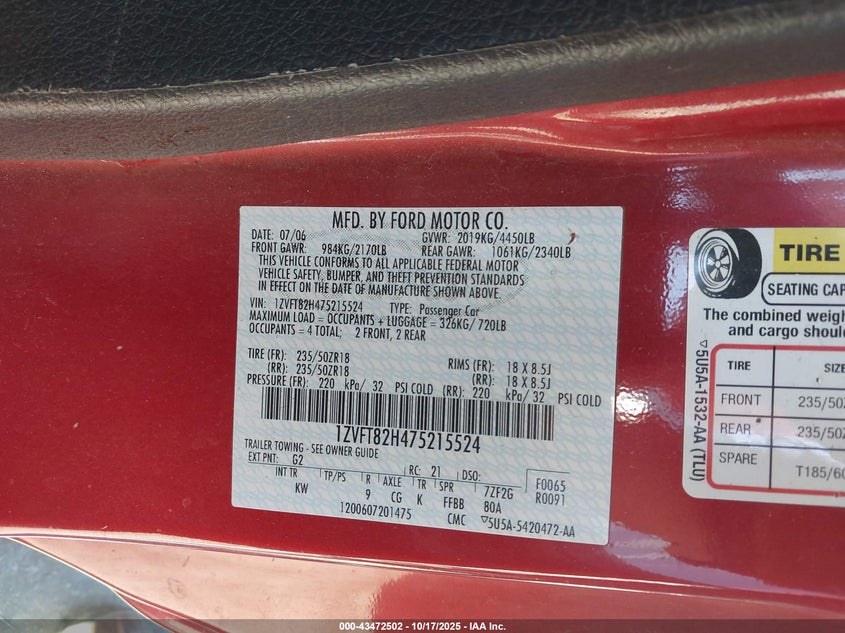 1ZVFT82H475215524 2007 FORD MUSTANG photo no. 9