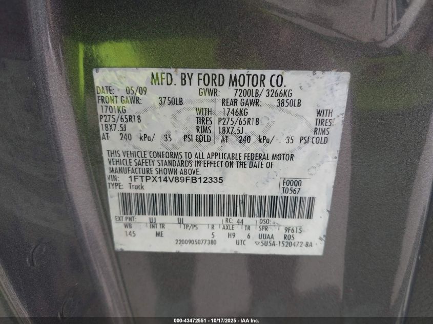 2009 Ford F-150 Fx4/Lariat/Xl/Xlt VIN: 1FTPX14V89FB12335 Lot: 43472551