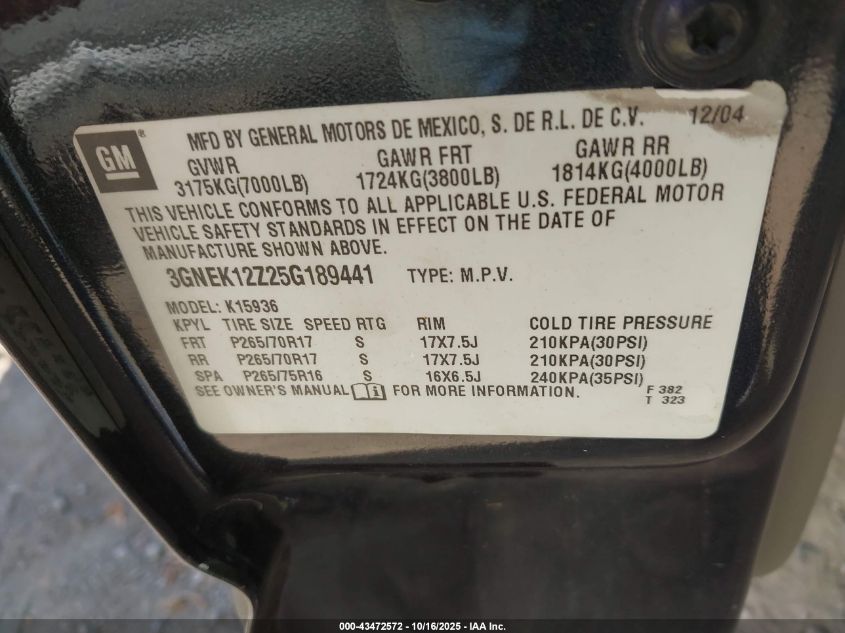 2005 Chevrolet Avalanche 1500 Z71 VIN: 3GNEK12Z25G189441 Lot: 43472572
