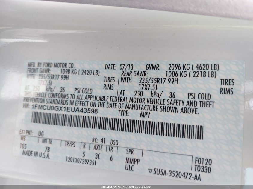 2014 Ford Escape Se VIN: 1FMCU0GX1EUA43598 Lot: 43472573