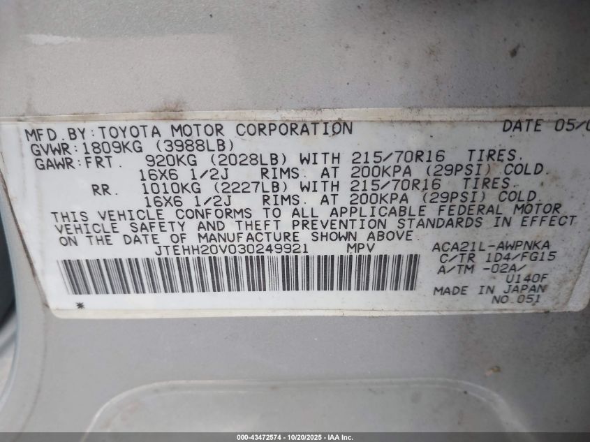 2003 Toyota Rav4 VIN: JTEHH20V030249921 Lot: 43472574