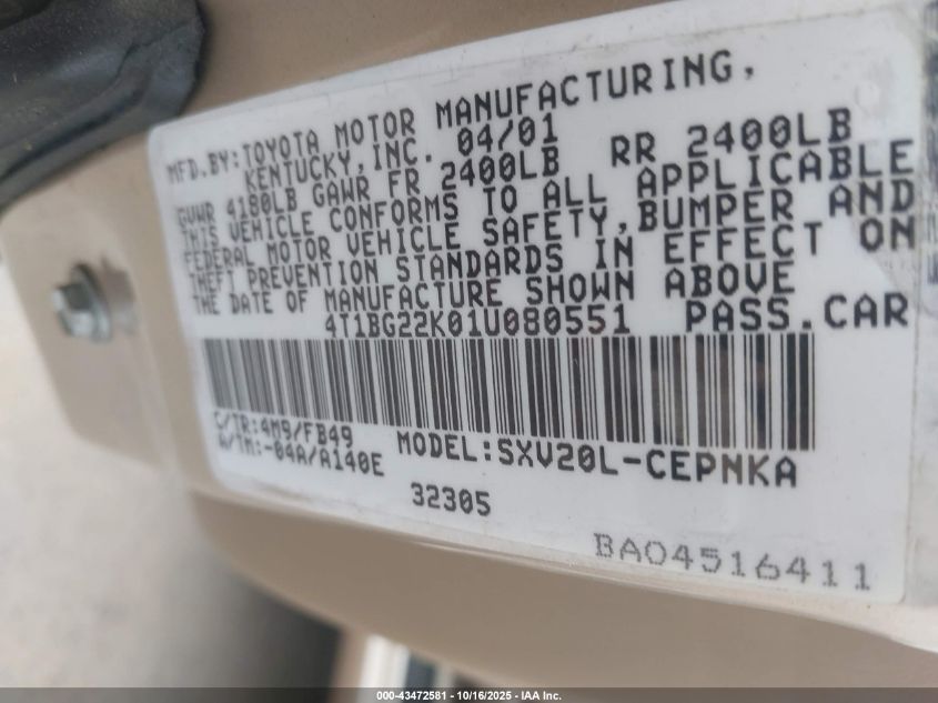2001 Toyota Camry Le VIN: 4T1BG22K01U080551 Lot: 43472581