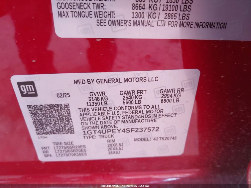 2025 GMC Sierra 2500Hd 4Wd Standard Bed At4 VIN: 1GT4UPEY4SF237572 Lot: 43472587