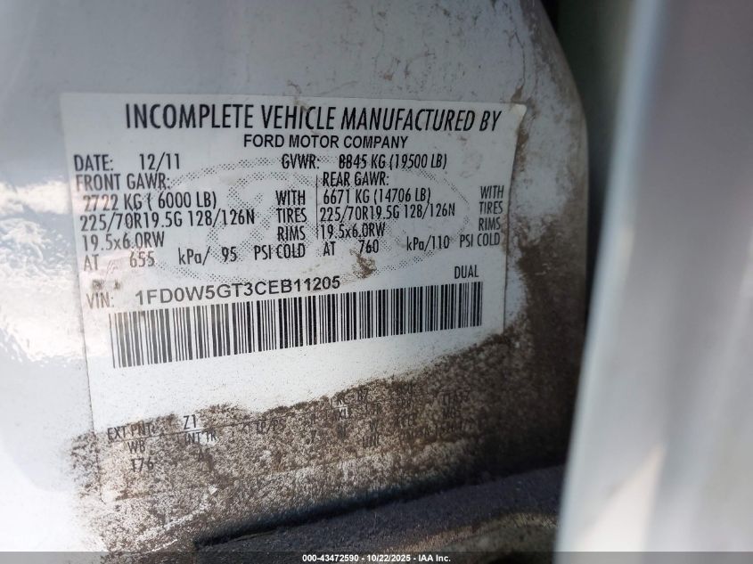 2012 Ford F-550 Chassis Xl VIN: 1FD0W5GT3CEB11205 Lot: 43472590