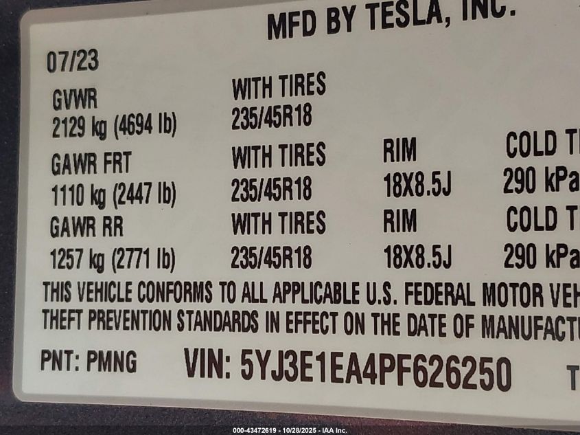 2023 Tesla Model 3 Rear-Wheel Drive VIN: 5YJ3E1EA4PF626250 Lot: 43472619