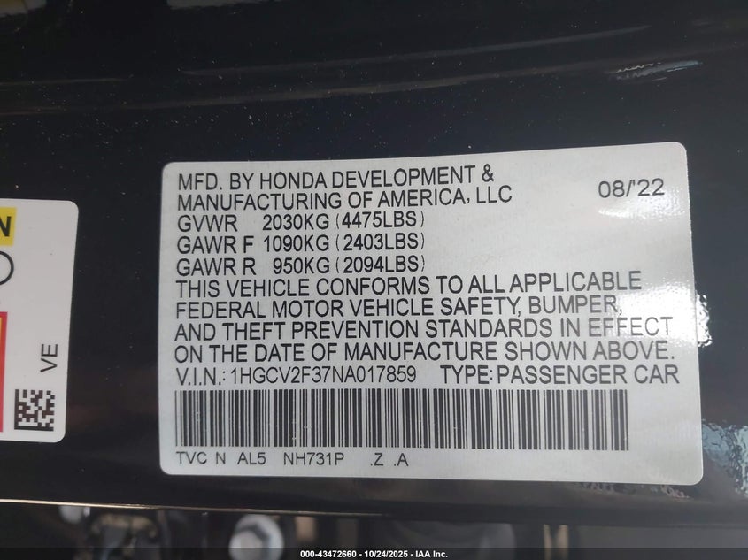 2022 HONDA ACCORD SPORT 2.0T 1HGCV2F37NA017859