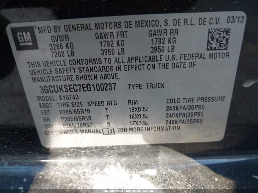 2014 CHEVROLET SILVERADO 1500 2LZ 3GCUKSEC7EG100237