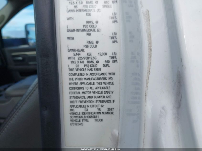 2017 Ram 4500 Chassis Tradesman/Slt VIN: 3C7WRKAL6HG680811 Lot: 43472703