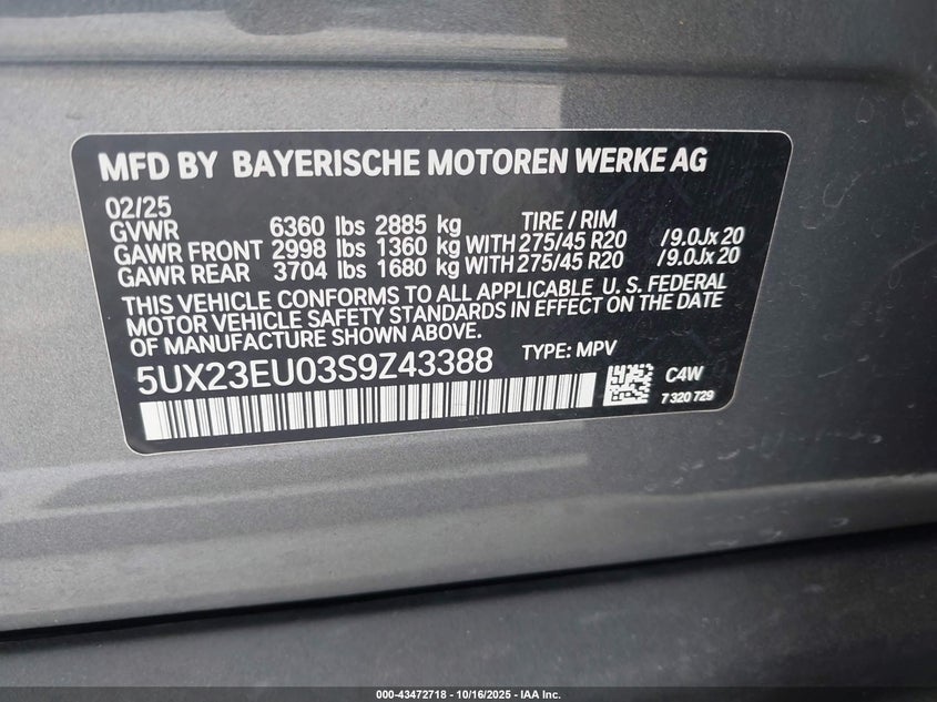 2025 BMW X5 XDRIVE40I 5UX23EU03S9Z43388