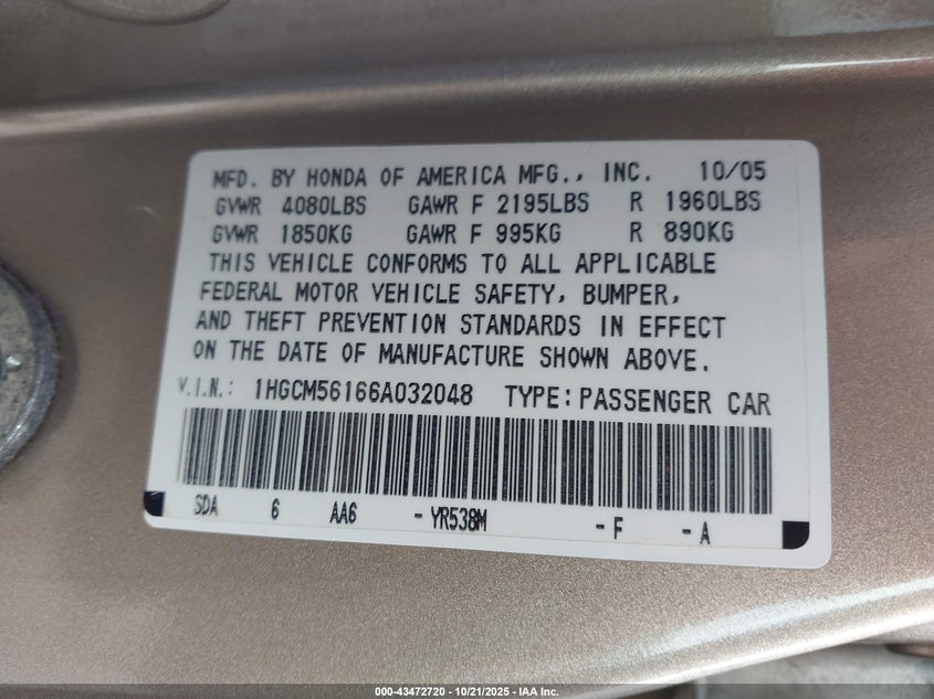 1HGCM56166A032048 2006 HONDA ACCORD photo no. 9