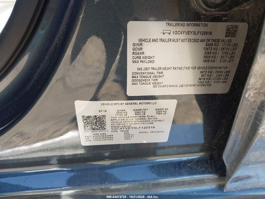 2020 Chevrolet Silverado 3500Hd 4Wd Standard Bed High Country VIN: 1GC4YVEY3LF120916 Lot: 43472728