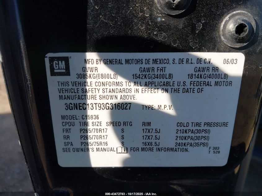 2003 Chevrolet Avalanche 1500 VIN: 3GNEC13T93G316027 Lot: 43472783