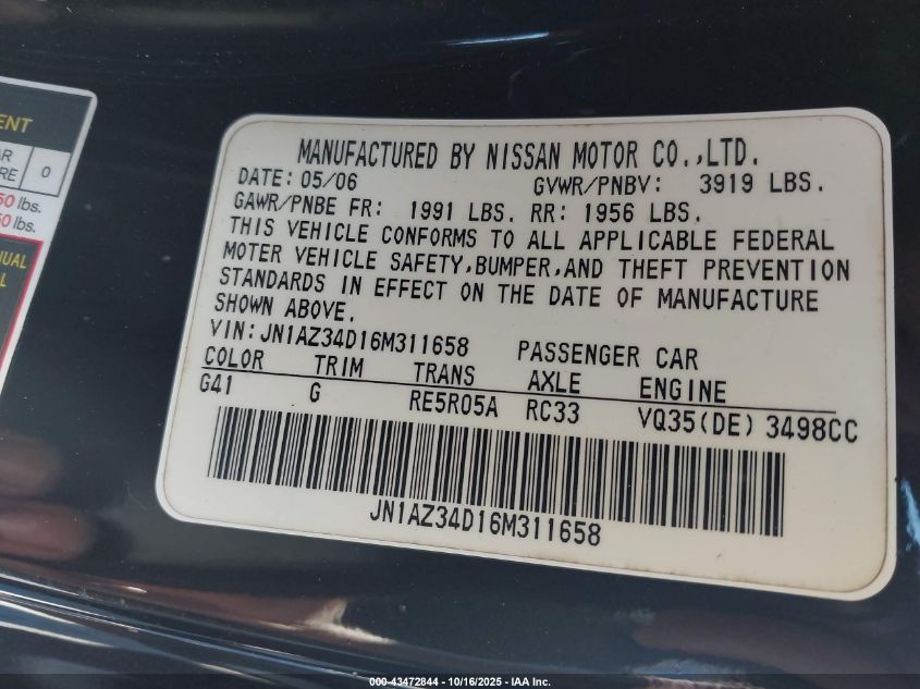 2006 Nissan 350Z Enthusiast VIN: JN1AZ34D16M311658 Lot: 43472844