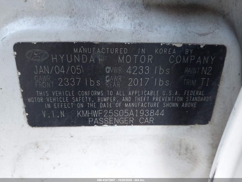 2005 Hyundai Sonata Gl VIN: KMHWF25S05A193844 Lot: 43472857