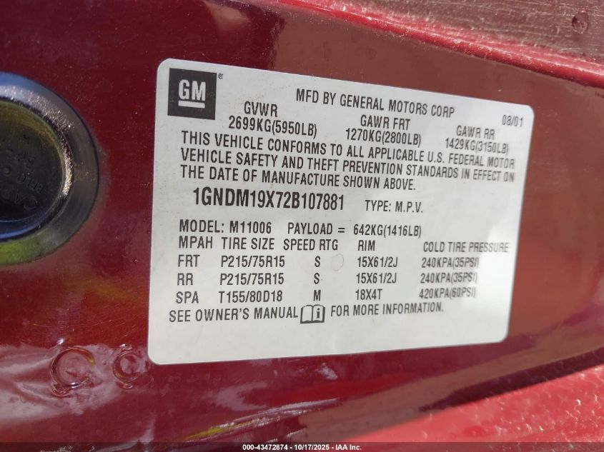 2002 Chevrolet Astro Ls VIN: 1GNDM19X72B107881 Lot: 43472874