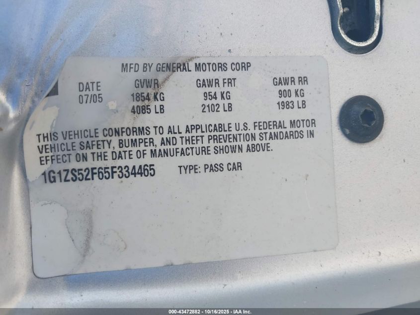 2005 Chevrolet Malibu VIN: 1G1ZS52F65F334465 Lot: 43472882