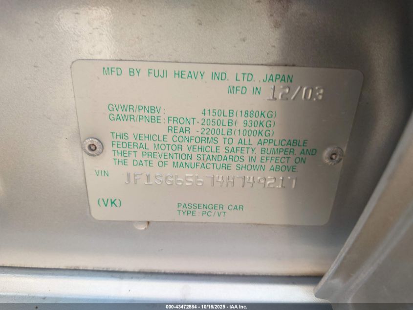 2004 Subaru Forester 2.5Xs VIN: JF1SG65674H749217 Lot: 43472884