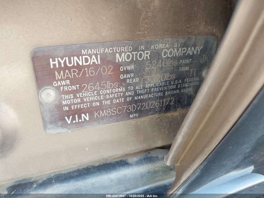 2002 Hyundai Santa Fe Gls/Lx VIN: KM8SC73D72U261172 Lot: 43472957