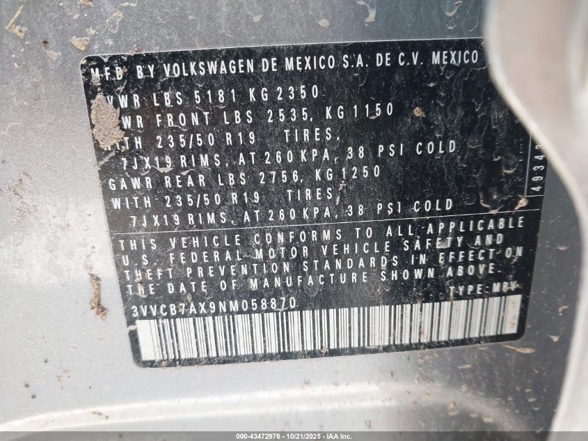 2022 Volkswagen Tiguan 2.0T Se R-Line Black VIN: 3VVCB7AX9NM058870 Lot: 43472976