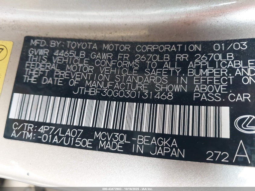JTHBF30G030131468 2003 LEXUS ES photo no. 9