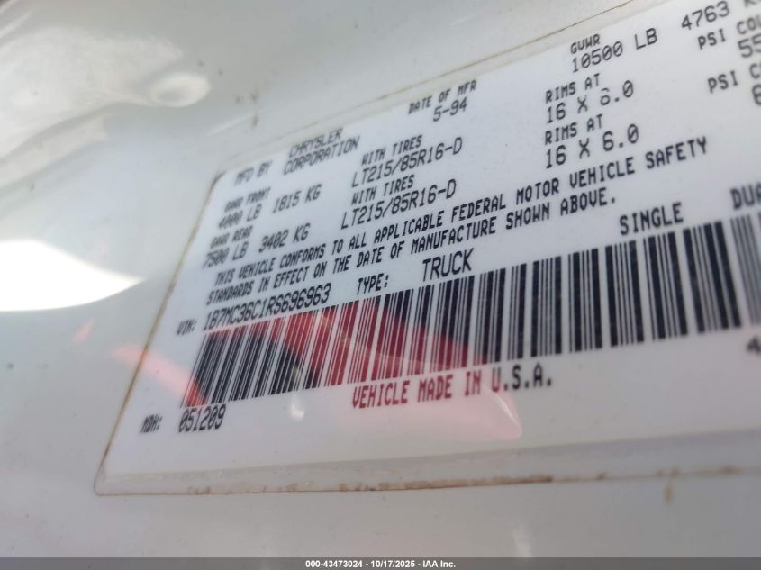 1994 Dodge Ram 3500 VIN: 1B7MC36C1RS696963 Lot: 43473024