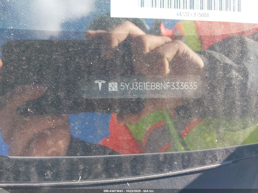 2022 Tesla Model 3 Long Range Dual Motor All-Wheel Drive VIN: 5YJ3E1EB8NF333635 Lot: 43473043