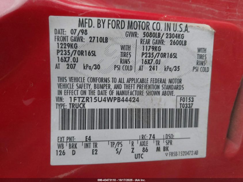 1998 Ford Ranger Splash/Xl/Xlt VIN: 1FTZR15U4WPB44424 Lot: 43473110