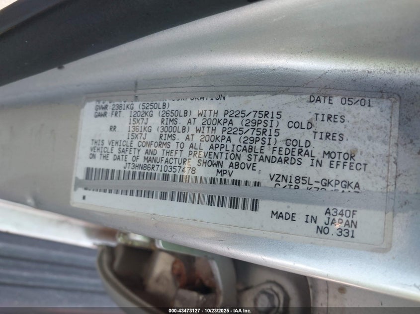 JT3HN86R710357478 2001 TOYOTA 4RUNNER photo no. 9