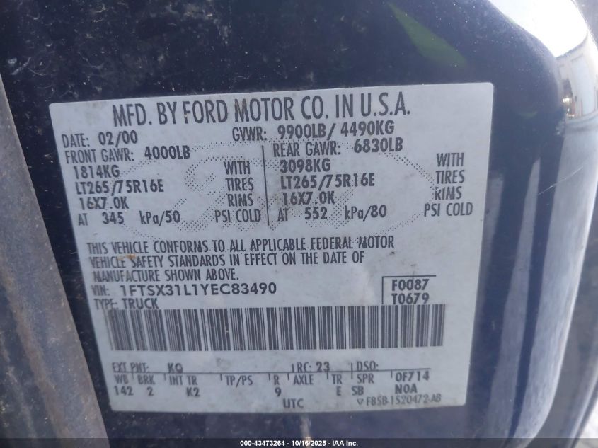 2000 Ford F-350 Lariat/Xl/Xlt VIN: 1FTSX31L1YEC83490 Lot: 43473264